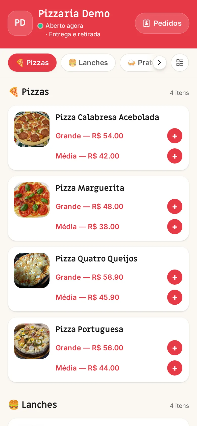 Cardápio com fotos, tamanhos e preços