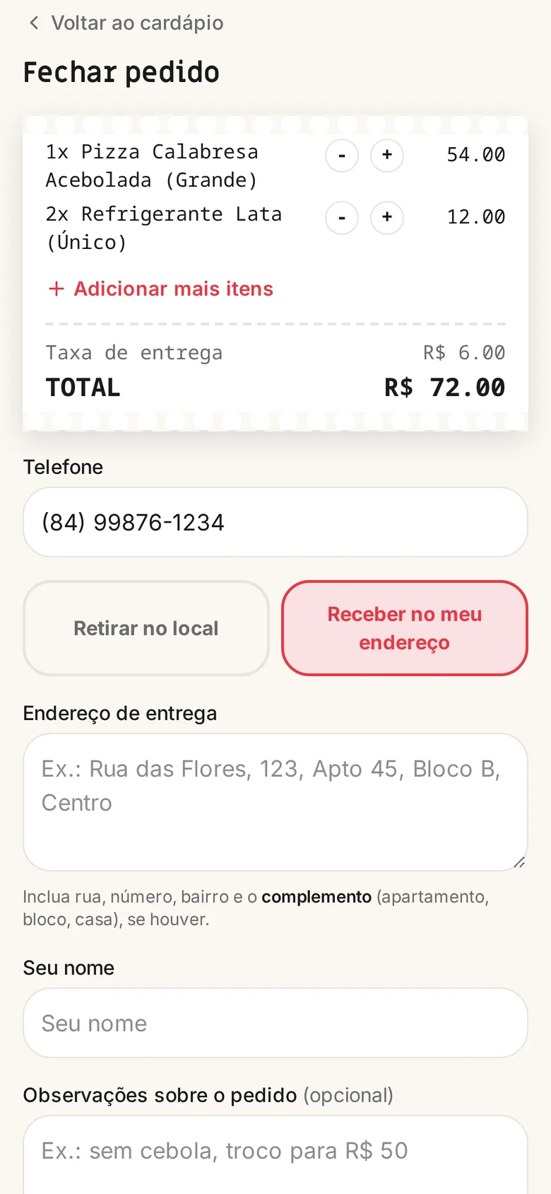 Fechamento do pedido com entrega ou retirada