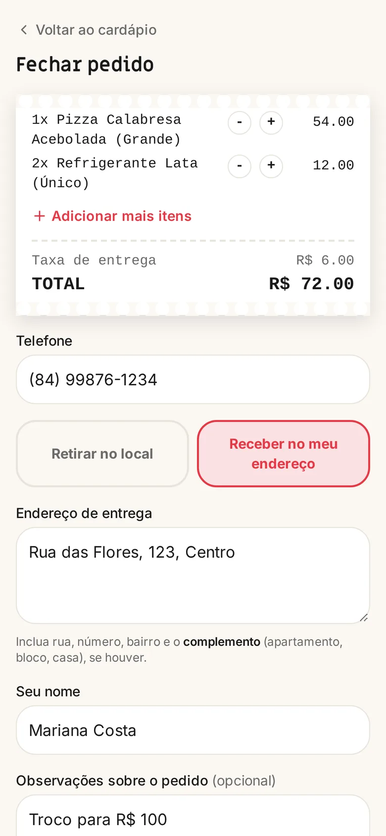 Pedido com endereço e observações preenchidos