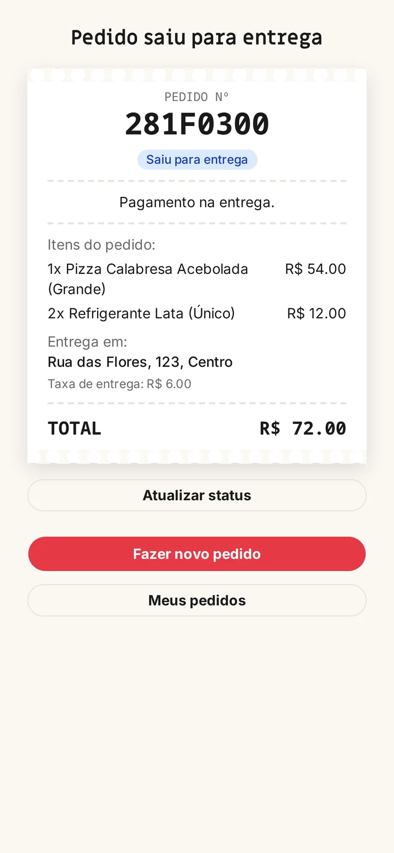 Status do pedido: saiu para entrega