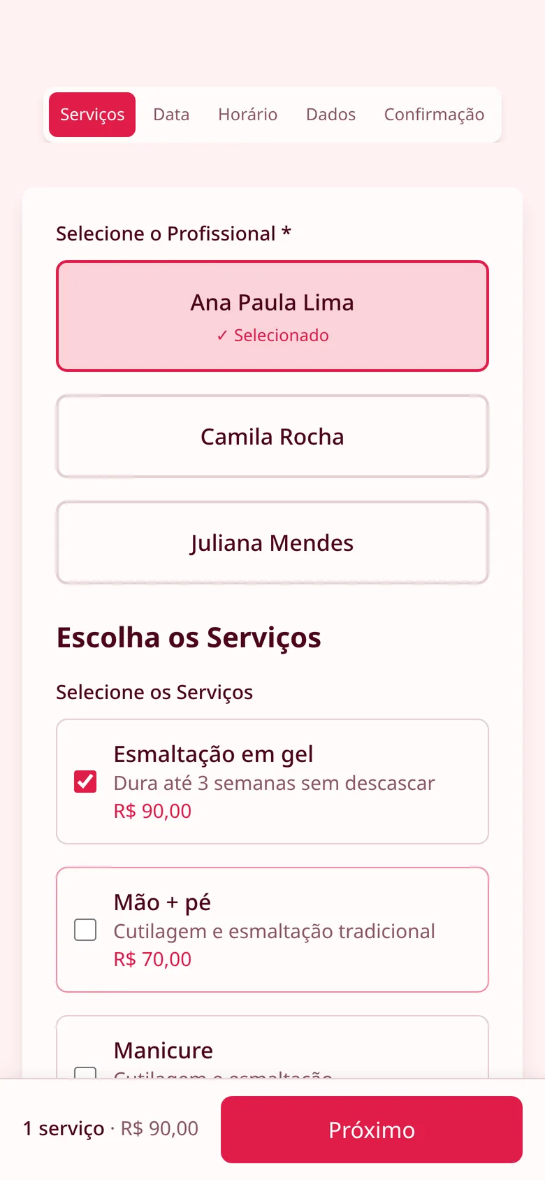 Tela de agendamento: escolha da profissional e dos serviços