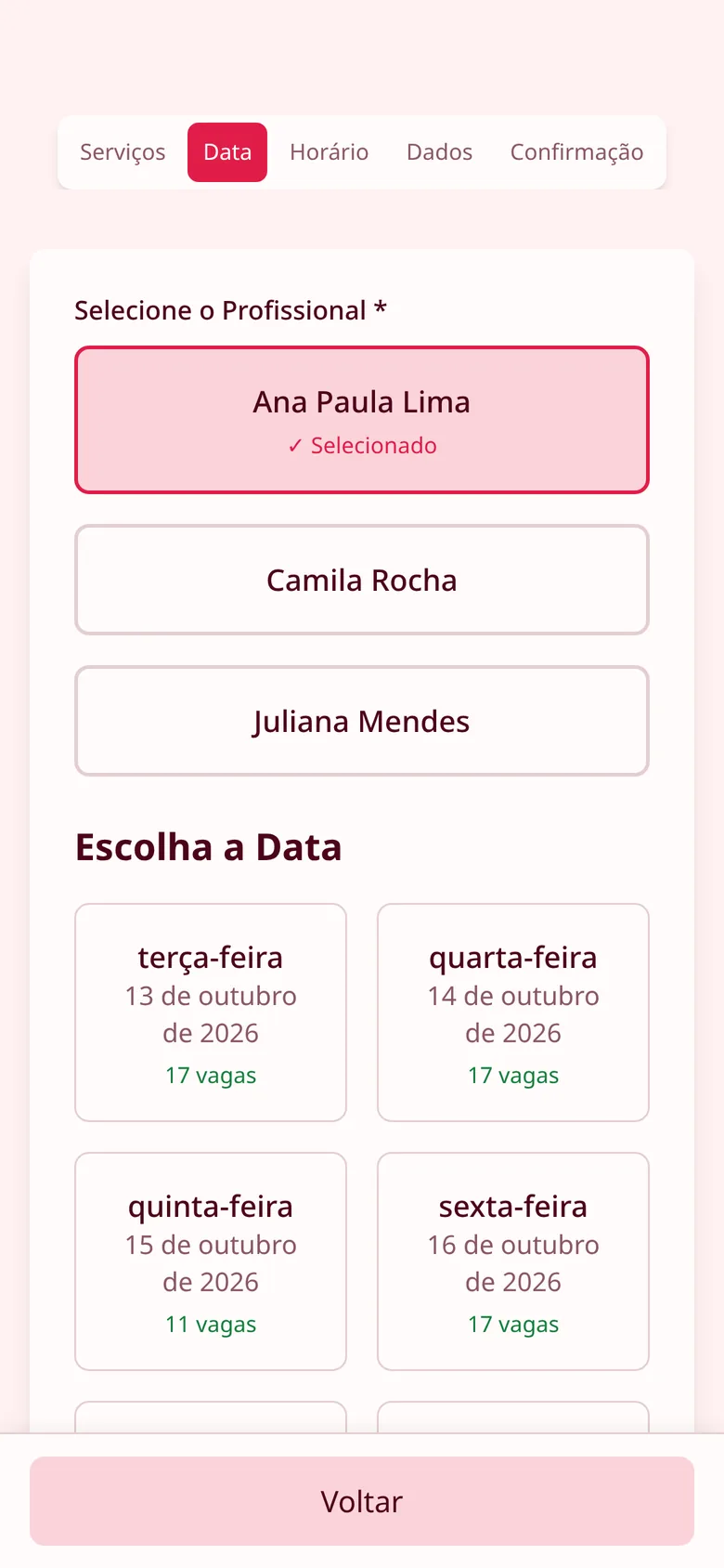 Tela de agendamento: escolha do dia