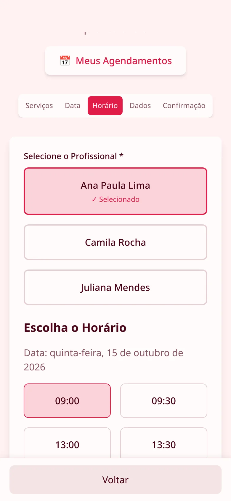Tela de agendamento: horários livres