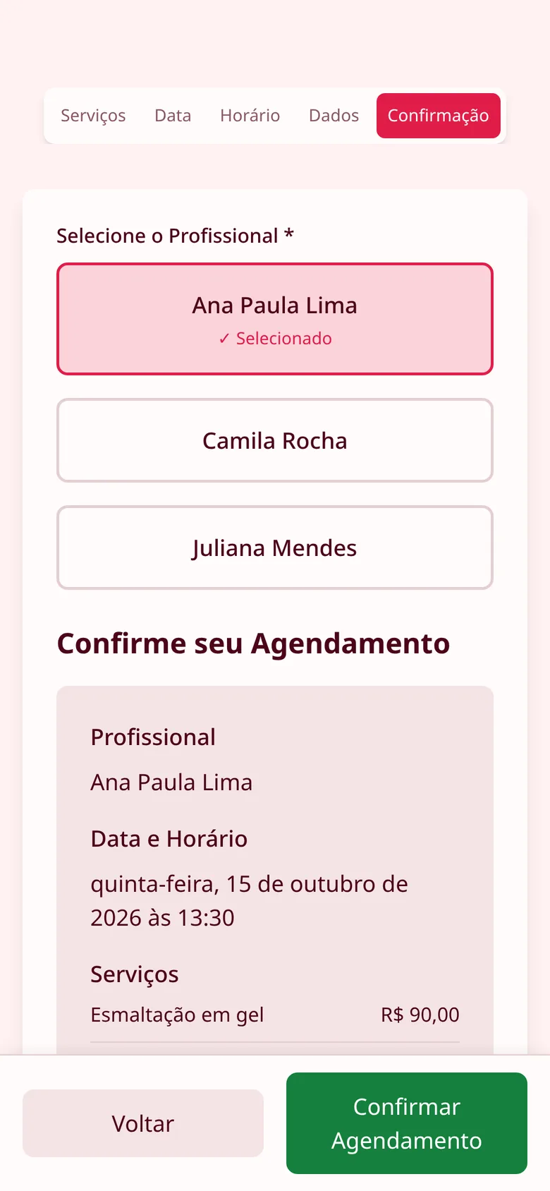 Tela de agendamento: confirmação