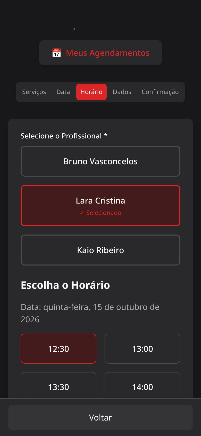 Tela de agendamento: horários livres
