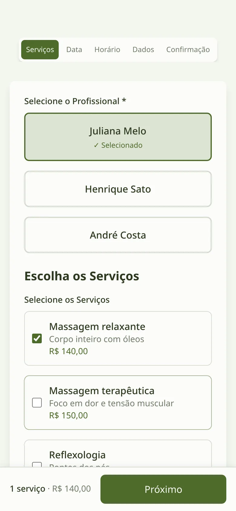 Tela de agendamento: escolha da terapeuta e da sessão