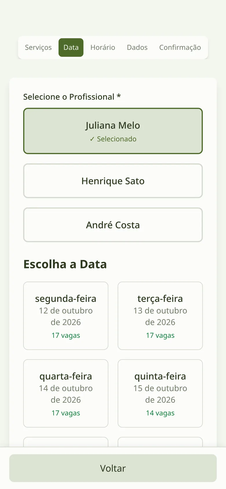 Tela de agendamento: escolha do dia