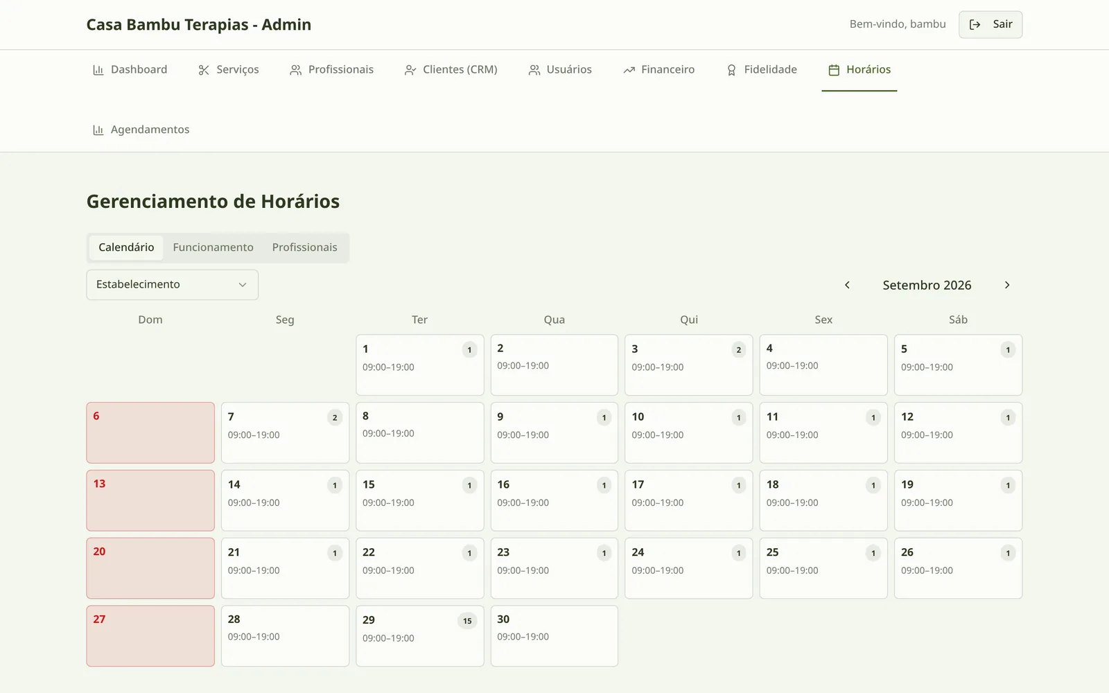 Calendário com horário de funcionamento